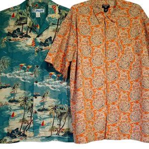 Men's Camp Shirts Large Set of 2 Sailboats/Palm trees Beachy Rust Paisley